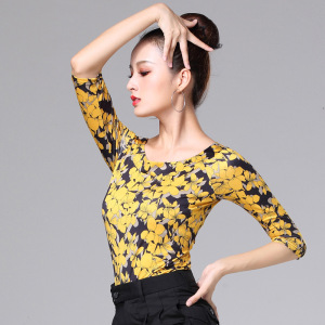 Yellow blue red flowers Latin ballroom dance tops for women girls short frock waltz tango flamenco dance blouses uniforms modern dancing shirts