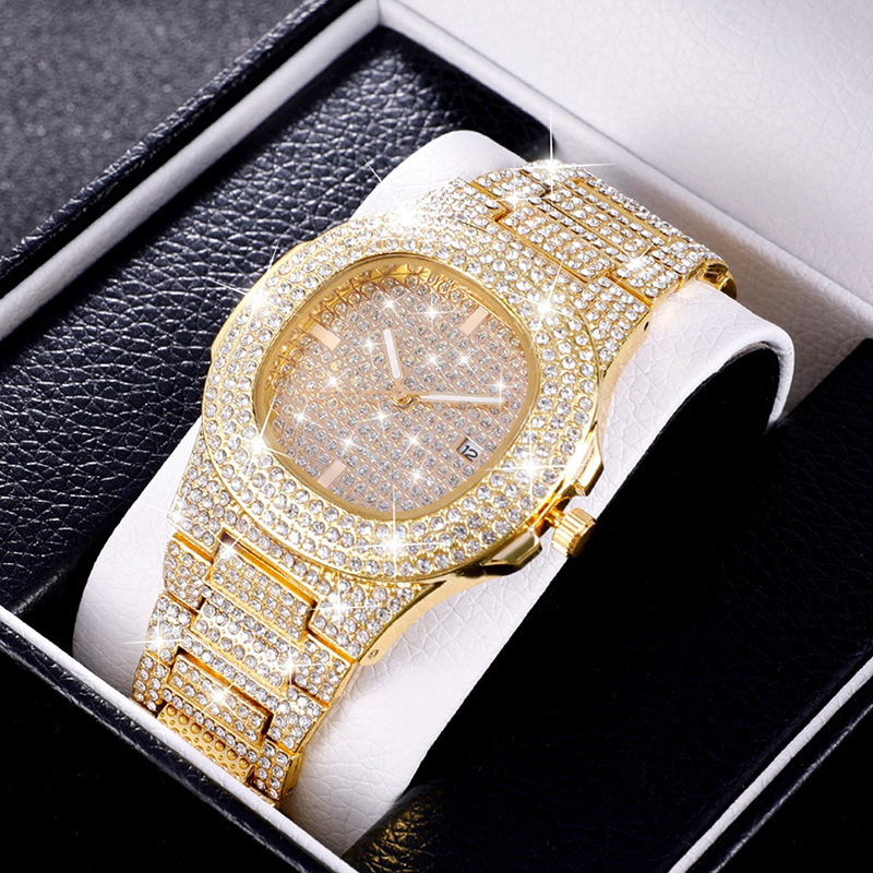 Set di braccialetti per orologio da uomo Set di 3 pezzi di gioielli per orologi stile hip-hop, collana con bracciale per orologio quadrato pieno di diamanti_voghion.com