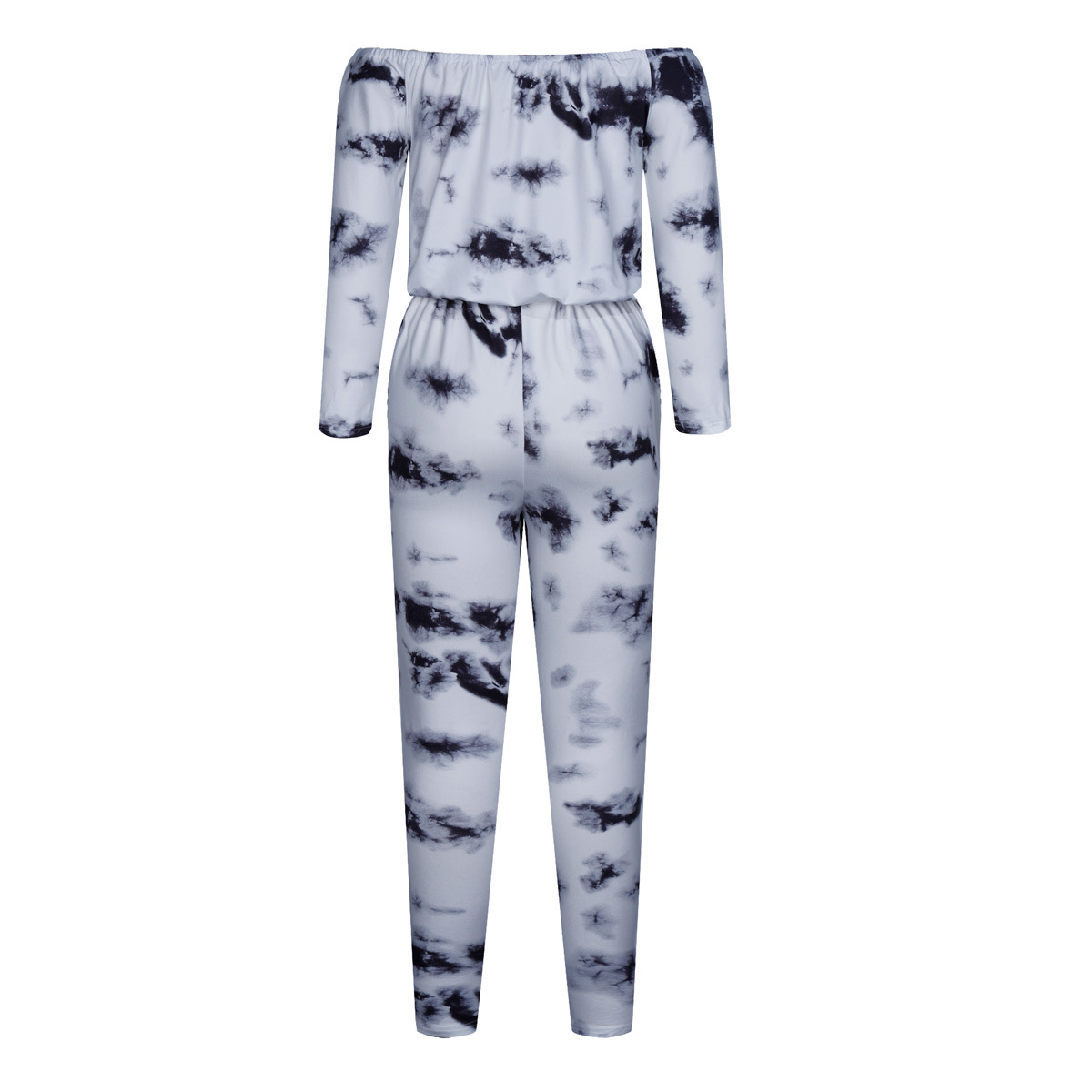 Fall Long Sleeve off Shoulder Lace up Pocket Ripped Tie Dye Jumpsuit