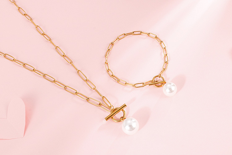 new stainless steel square chain pearl necklace bracelet set wholesale Nihaojewelry