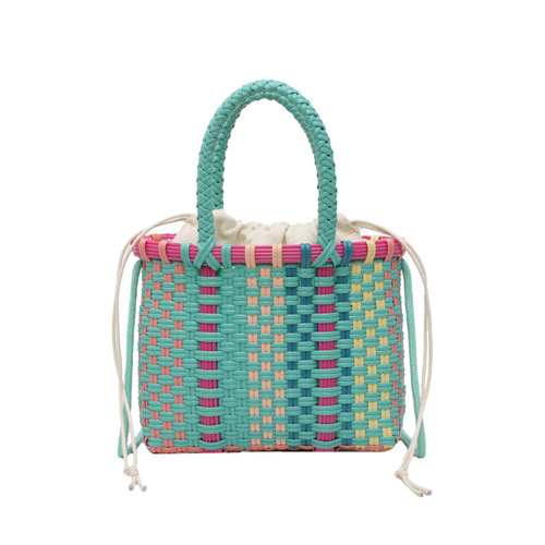 PVC straw bag pure handmade contrasting color straw bag woven bag shoulder portable crossbody bag vacation beach bag