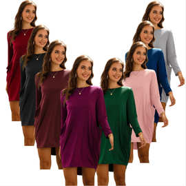 2020跨境女装速卖通亚马逊春秋宽松口袋长袖欧美连衣裙