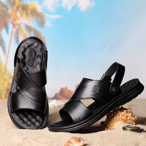 Top-layer cowhide soft-soled beach shoes men's sandals large size middle-aged dad's genuine leather summer slippers for middle-aged and elderly men