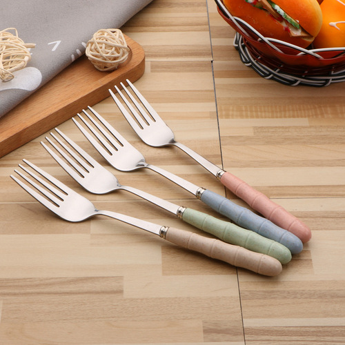 New stainless steel tableware set wheat straw bamboo spoon fork chopsticks student portable tableware three-piece set