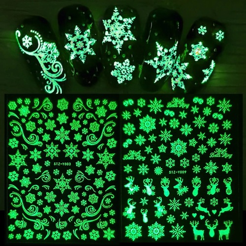 New Cross-border Christmas-themed Nail Sticker Set with 4 Colors, Large Snowflakes, Reindeer, and Glow-in-the-Dark Features, Direct Manufacturer Supply