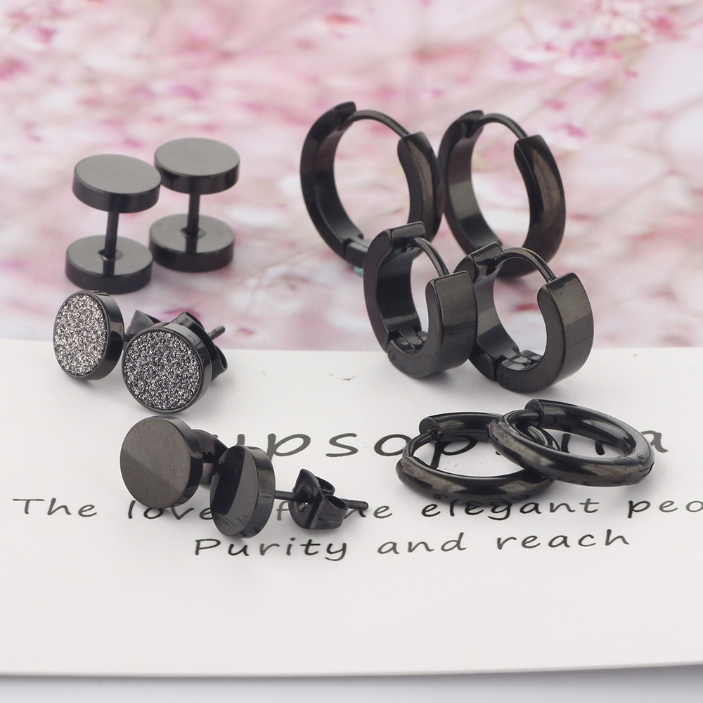 Men's Stainless Steel Earring Set with Dragon and Phoenix Design - 8mm Black 12-Piece Wholesale Ear Jewelry detail image 9