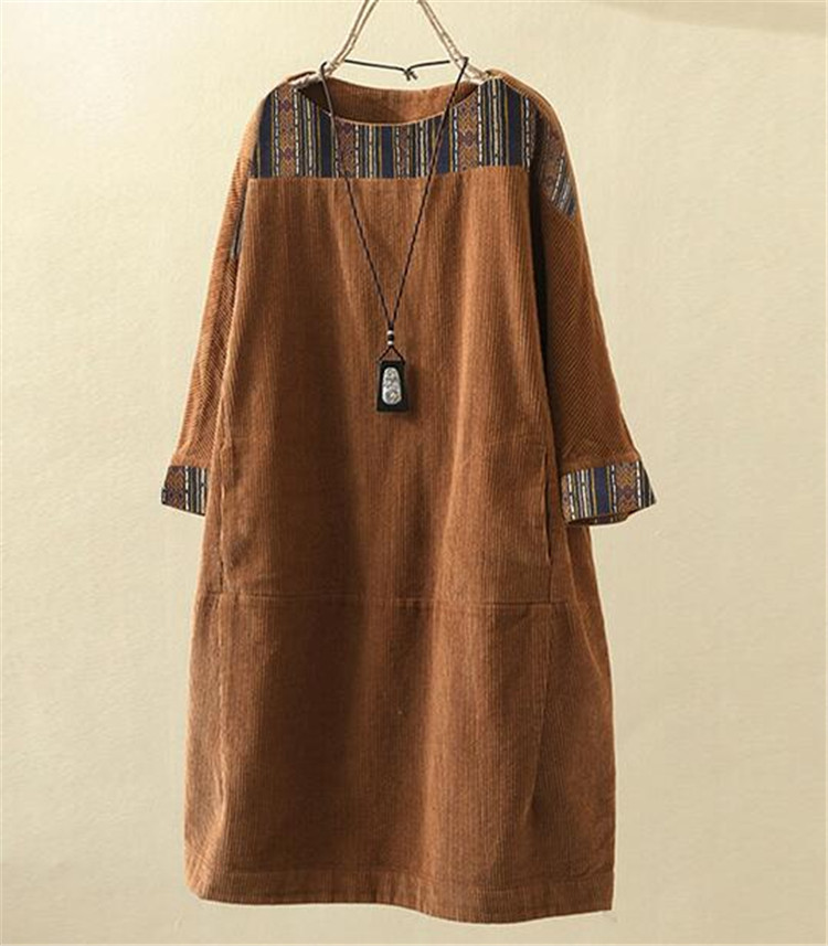 跨境新品连衣裙2021印花七分袖灯芯绒女装圆领中长款厂家直销