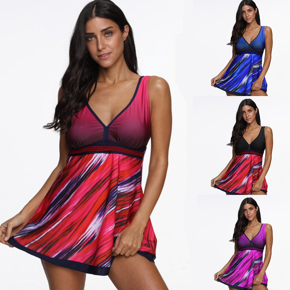 2020新款欧美加肥加大尺码比基尼分体裙式泳衣渐变色保守修身显瘦