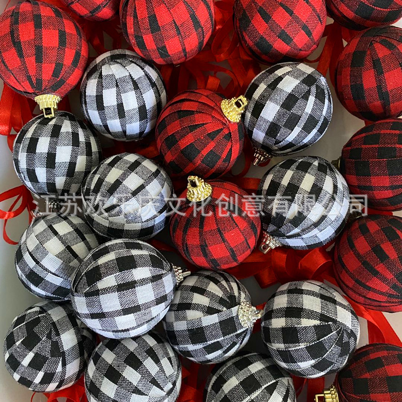 圣诞节跨境新品 格子布球 红白手工格子布球 圣诞树挂件 包布球