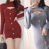 Stand collar single breasted knitted Hip Wrap Skirt Dress