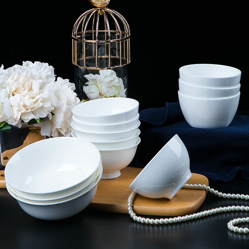 骨瓷碗餐具套装家庭实用米饭碗面碗陶瓷器组合10个装纯白胎定制做