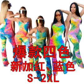 新款2020跨境女装CY1218ebay亚马逊wish欧美扎染抽褶连体裤