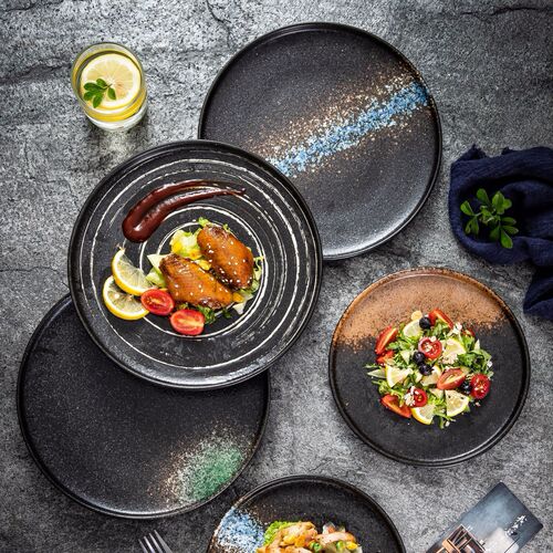 Cross-border Japanese sushi sashimi round plate commercial western steak plate roasted bird barbecue plate self-service black plate