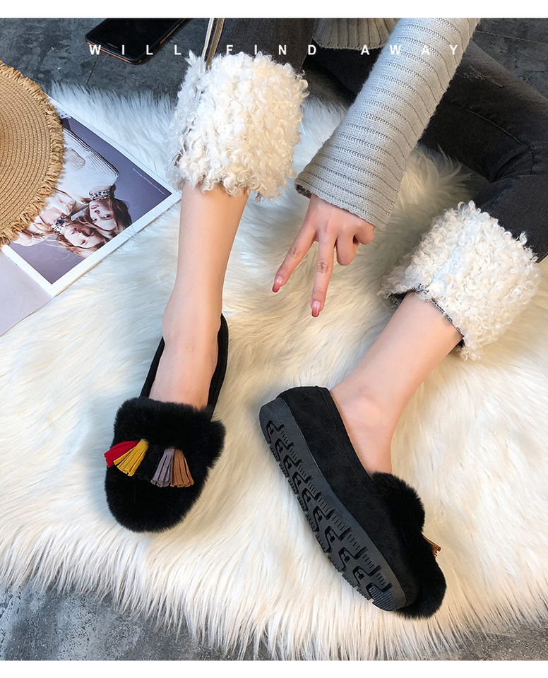 Giày lười nữ lót lông giữ ấm mũi tròn đế bệt — Màu xám, Màu đen chi tiết 13