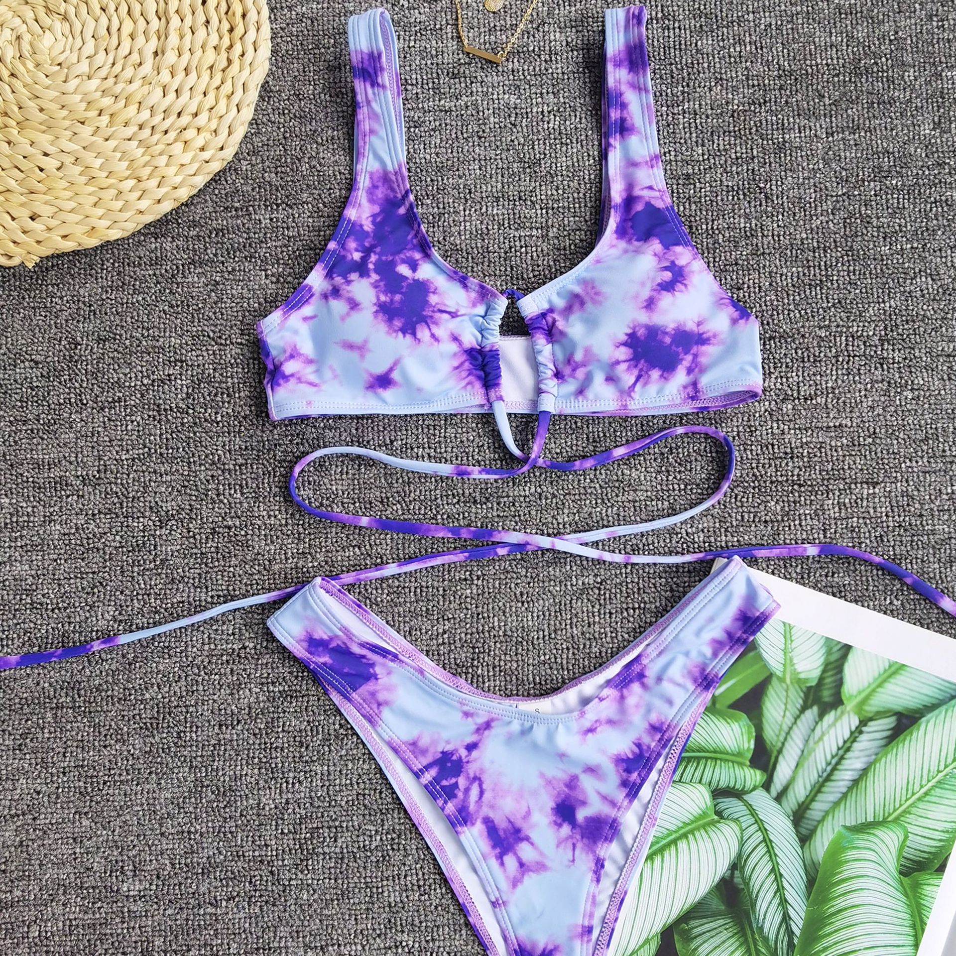 Split Strap Tie-Dye Print Sexy Bikini 2 Piece Swimsuit NSCMB96176