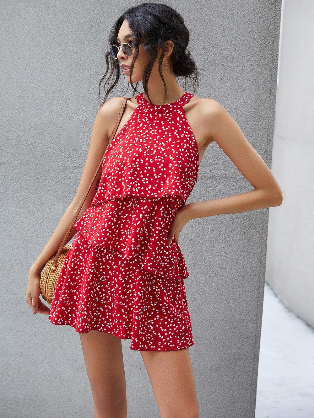 summer new hot sale hanging neck button off shoulder vest heart-shaped print pleated dress  NSDF395