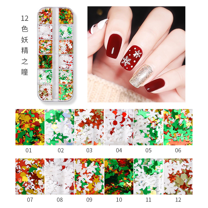 Nuevas lentejuelas de uñas transfronterizas Otoño e invierno japonés lentejuelas de copo de nieve Lentejuelas navideñas ultrafinas uñas decorativas parche mixto