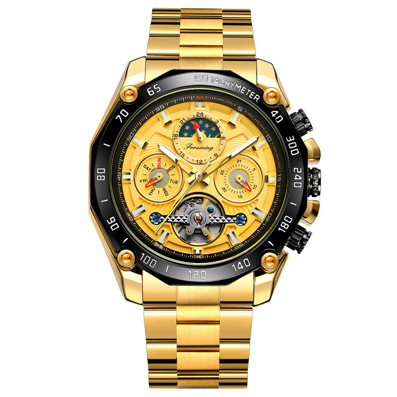 FORSINING hombres de negocios correa de acero reloj mecánico automático multifunción reloj de seis pines Placa de reloj mecánico 6913