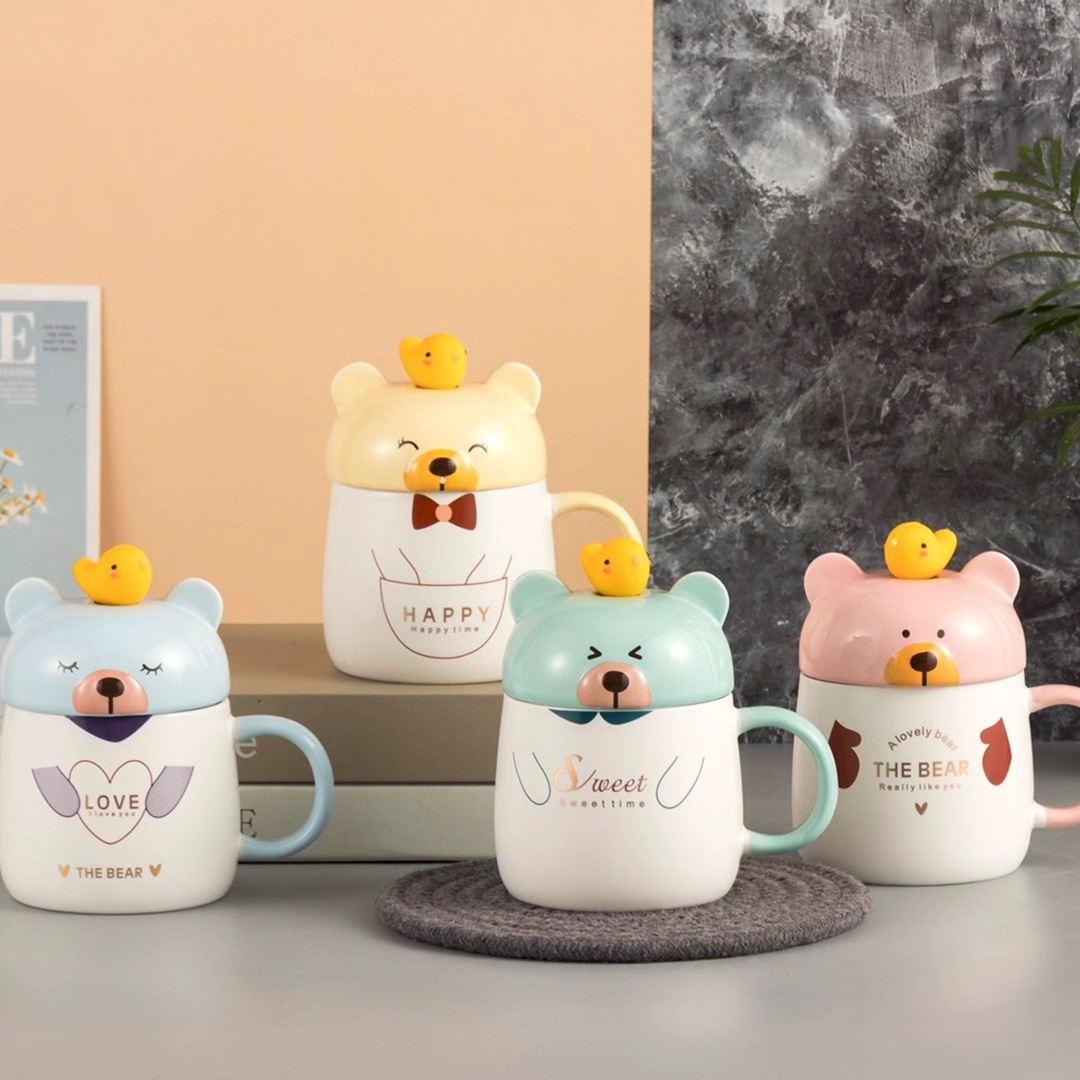 Estilo japonés creativo lindo personalidad oso taza con tapa cuchara regalo taza de café Oficina de dibujos animados taza de agua de cerámica