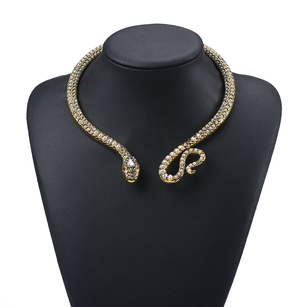 1 Pieza Retro Serpiente Perla De Imitación Aleación Turquesa Embutido Diamantes De Imitación Mujeres Collar display picture 2
