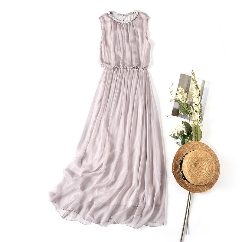 Summer elegant silk dress sleevless with a round collar