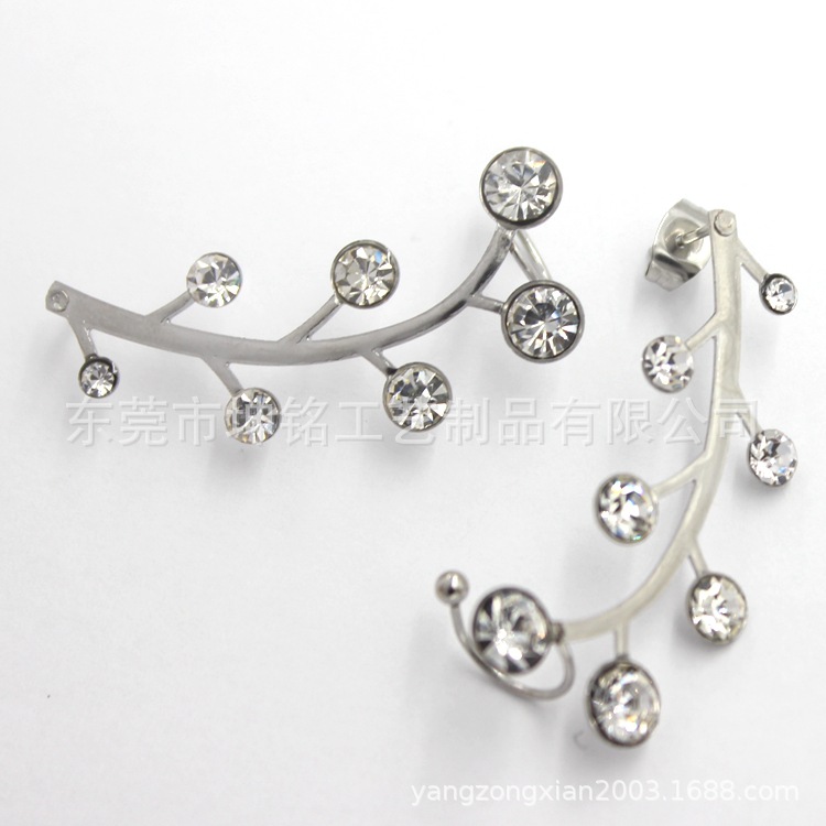 欧美热销外贸爆款时尚钢色叶子镶钻耳钉耳坠厂家直销批发几何风