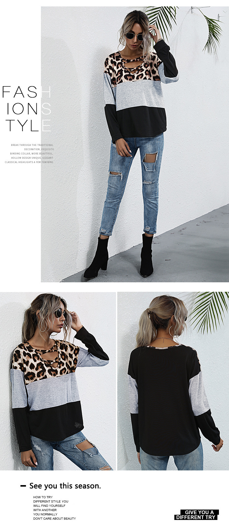 casual leopard print stitching top  NSJR17245