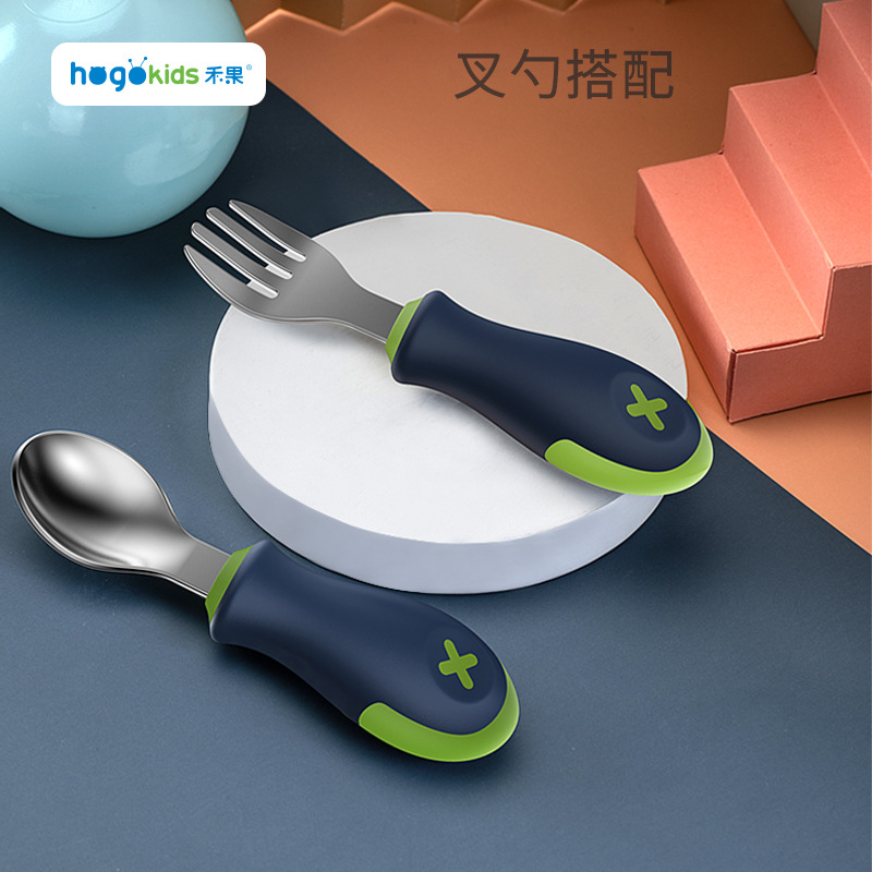 (Oem Customization) Children's Tableware 304 Stainless Steel Short Handle Fork and Spoon Baby Portable Training Feeding Spoon Set