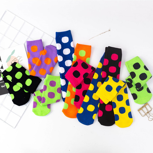 Children's socks, straight without heel, large polka dots, versatile mid-calf socks for children of all sizes, bright candy color with cotton socks