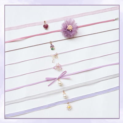 日韩饰品超仙女紫色花卉丝带合金吊坠项圈Choker颈链锁骨链项链女|ru