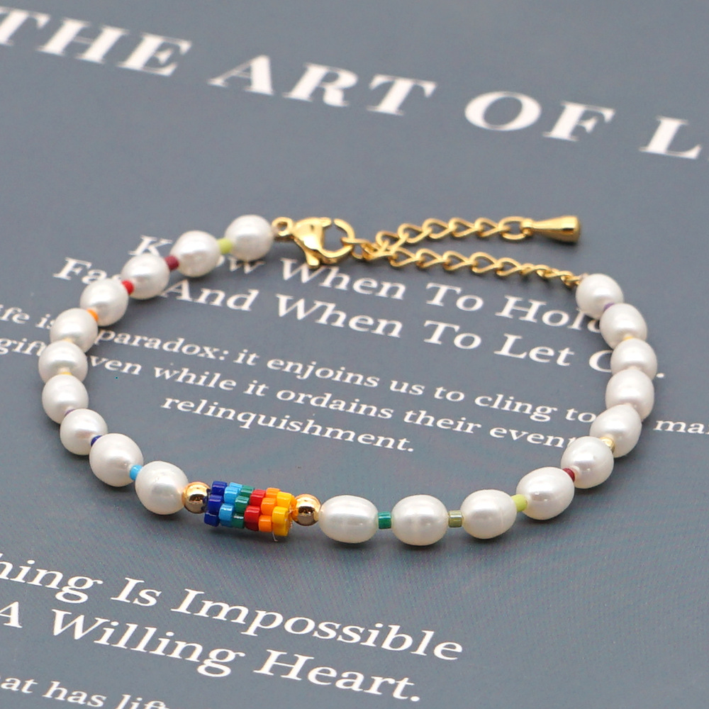 Fashion niche baroque natural freshwater pearl wild rainbow imported Miyuki rice bead braceletpicture5