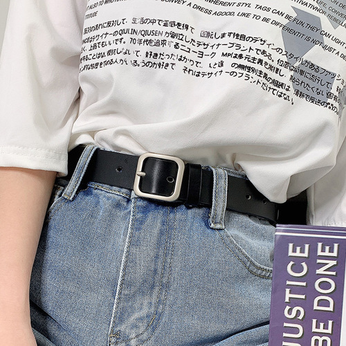 Korean style new belt chic retro style rectangular silver buckle female belt student wide belt jeans