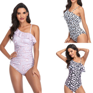 One shoulder lotus leaf trim Sexy Leopard print one piece swimsuit