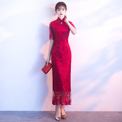 Toast bride cheongsam long Chinese wind restoring ancient Wine lace Chinese Dresses for women girls retro cheongsam dress qipao wedding dress