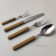 牛排汤勺不锈钢刀叉勺甜品叉ins韩国刀早餐勺仿木柄西餐具套装
