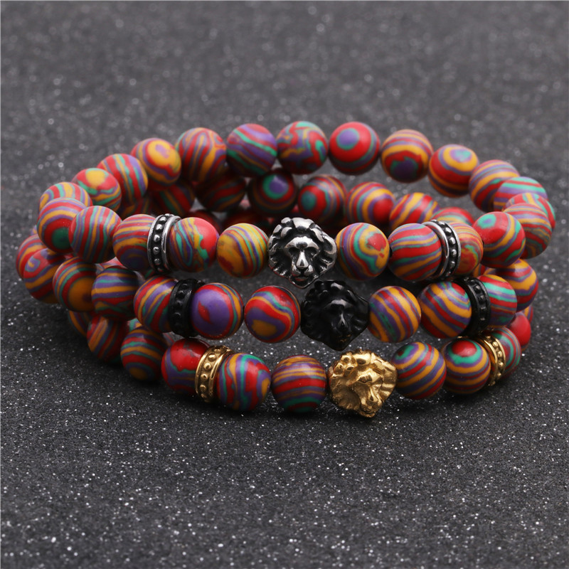 Fashion Stainless Steel Lion Head Bracelet Colorful Malachite Beaded Men&#39;s Bracelet display picture 4