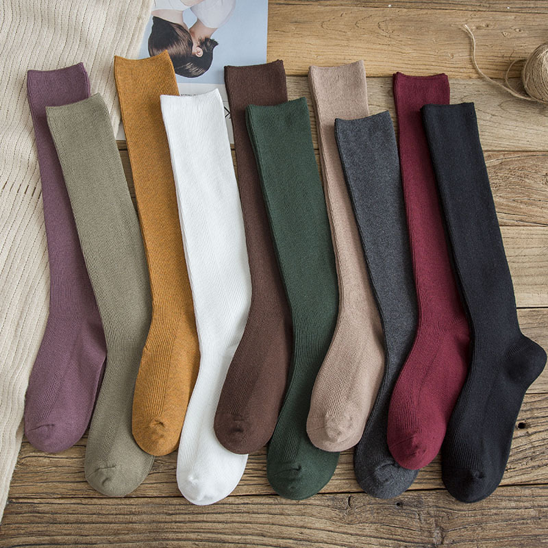Japanese Style Socks Women's Autumn and Winter High-Top Pressure Calf Socks Double-Needle Pure Color Leg Socks Knee-High Socks Breathable Cotton Socks Slimming Legs