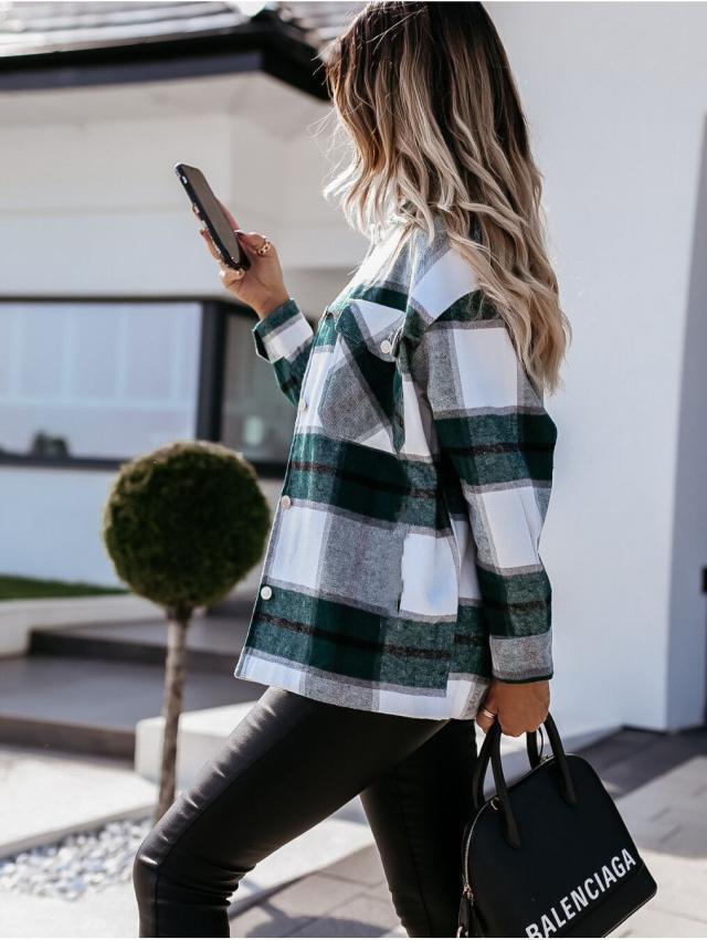 Autumn and Winter Long Sleeve Printed Plaid Shacket Jacket Women in Jackets