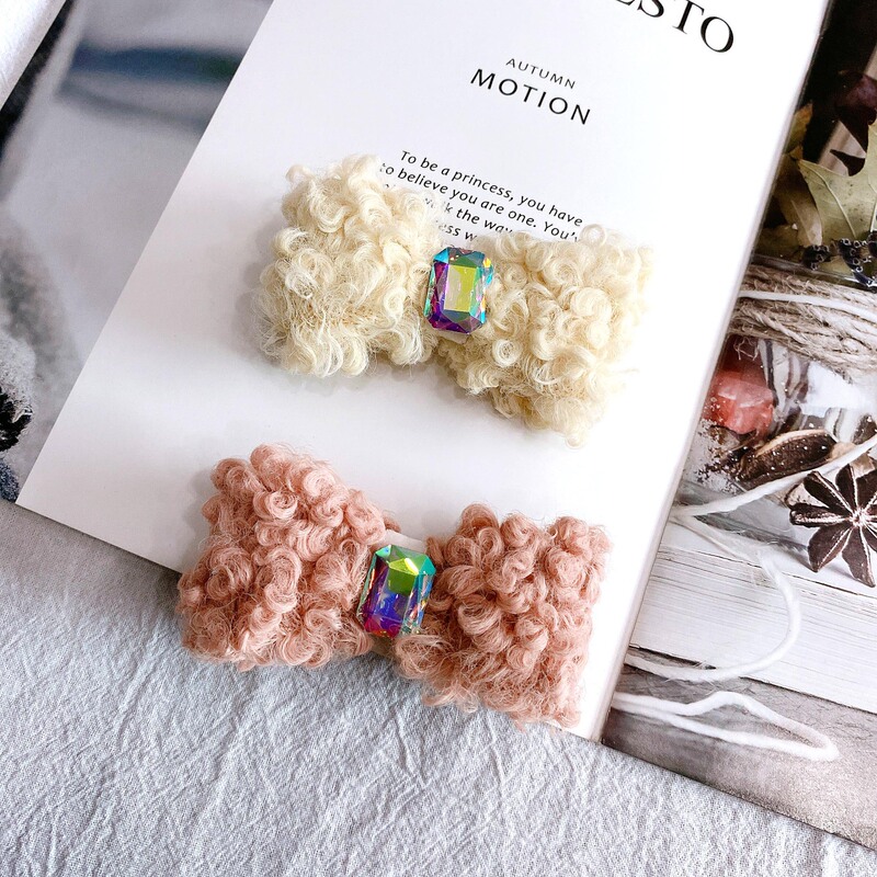 Dongdaemun Korean Style Rhinestone Bow Cute Lamb Hair Hair Accessories Clip Winter Sheep Wool Women's Boots Decoration Shoe Flower