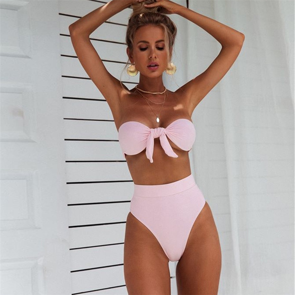 Wholesale New European and American Style Bandeau Bikini Two-Piece High-Waisted Swimsuit for Women, Ribbed Fabric Swimwear, Plus Size Bikini