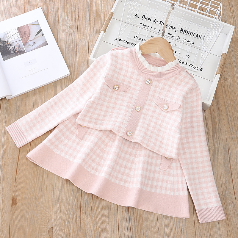 Girls' Small Fragrant Plaid 3-8 Wooden Ear Collar Knitted Cardigan Sweater Half Skirt Two piece Set_voghion.com