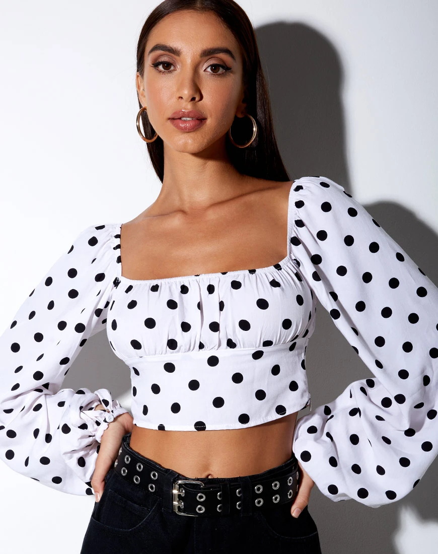 Polka Dot Print Lantern Sleeve Square Neck T-Shirt NSYF1117