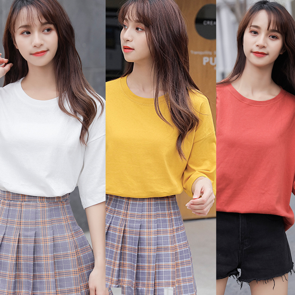 2020新款韩版宽松纯色女士上衣圆领短袖t恤棉 女装批发T恤SH3004|ms