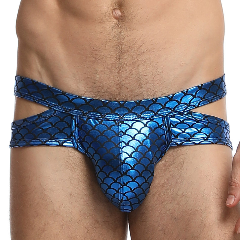 外贸男士丁字裤鱼鳞面料男士酒吧舞台夜店表演性感面料双丁内裤|ms