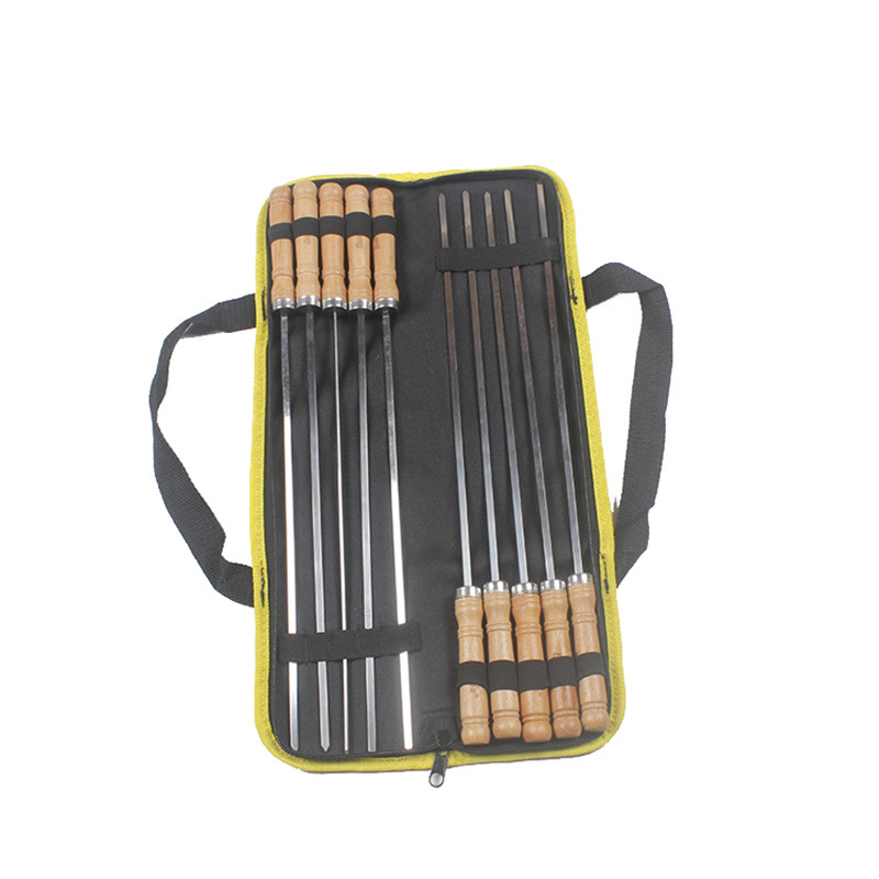 Los fabricantes suministran pinchos de acero inoxidable aguja de barbacoa antiquemaduras mango de madera pinchos de barbacoa 10 directrices barbacoa palo barbacoa tenedor