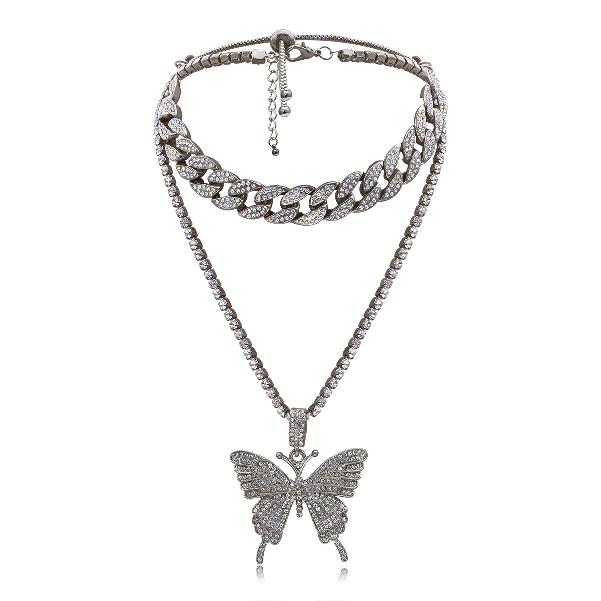 Fashion Jewelry Exaggerated Micro-set Rhinestone Geometric Necklace Retro Suit Cuban Chain Large Butterfly Necklace Wholesale Nihaojewelry display picture 7