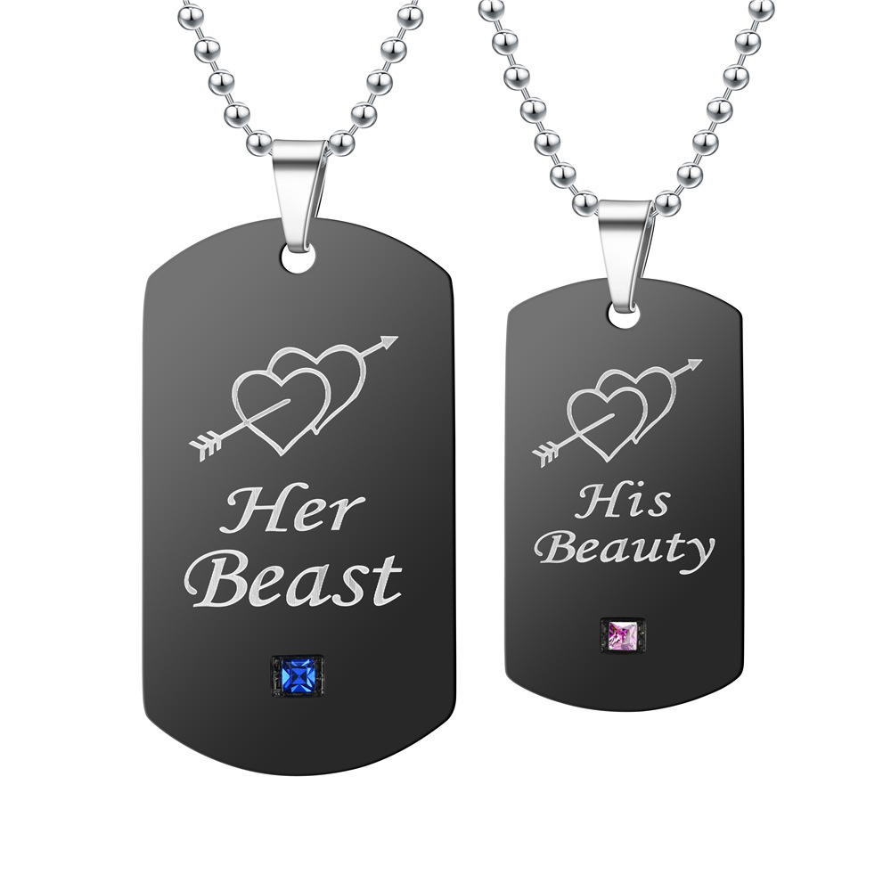 Black One Arrow Through The Heart Her Beast His Beauty Couple Diamond Tag Necklace Wholesale display picture 14