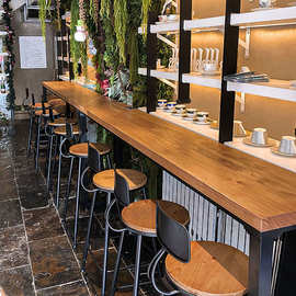 美式简约实木长条吧台桌便利店靠墙多人铁艺餐桌酒吧高脚桌椅组合