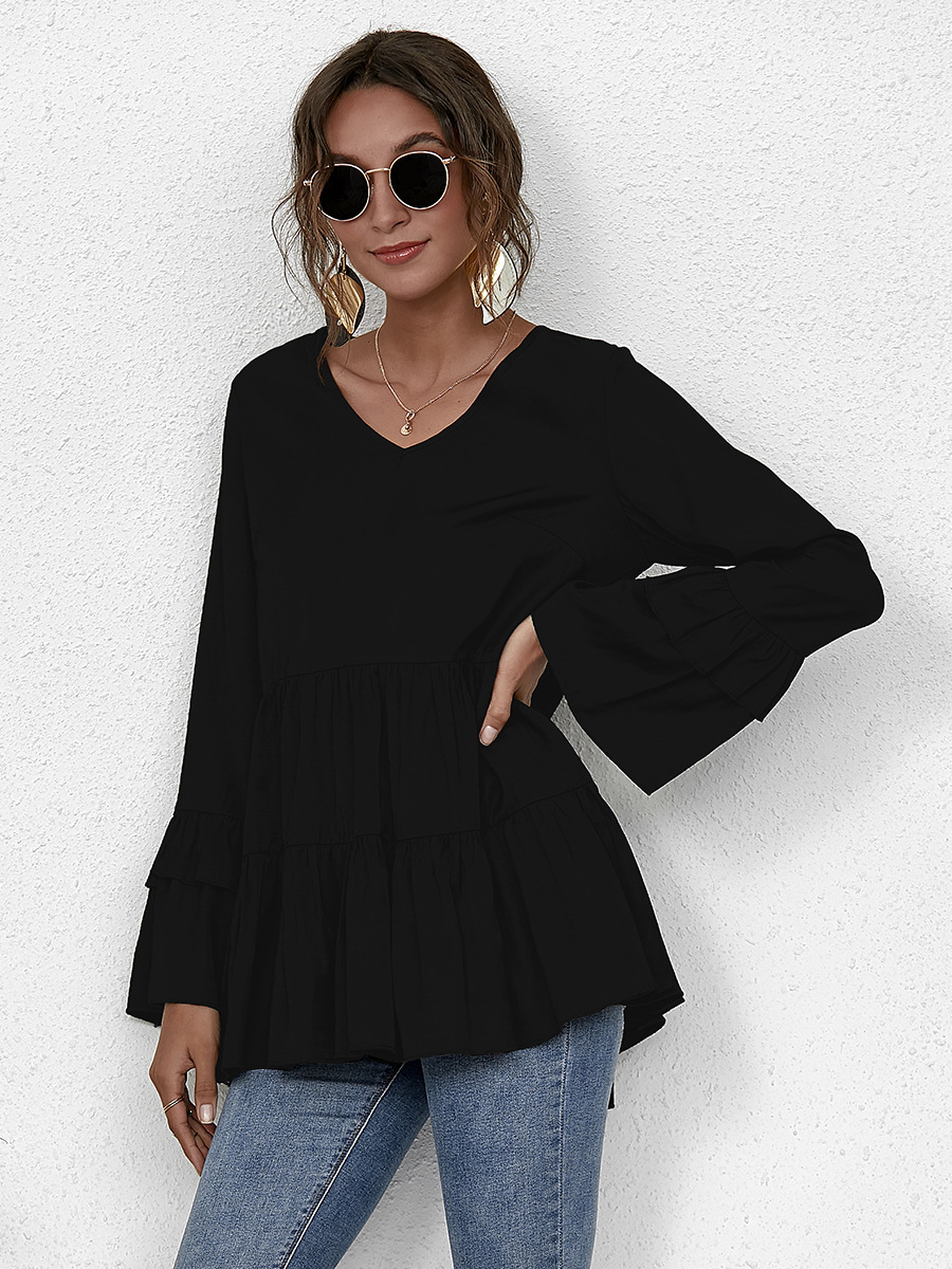 Blusa de mujer de manga larga delgada con cuello en V suelta casual de otoño e invierno NSAL5400