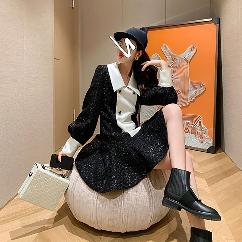 日本醋酸面料小香风拼色假两件套轻熟风气质显瘦泡泡灯笼袖连衣裙